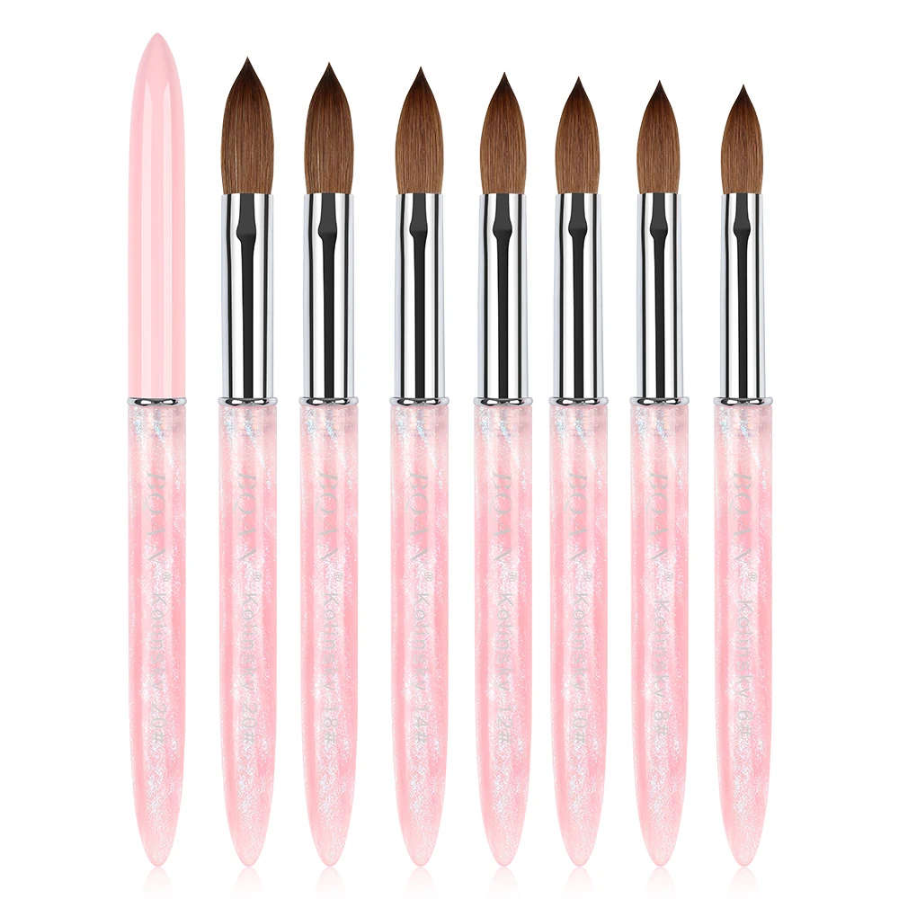 Factory Custom Logo Metal Acrylic Handle Acrylic Brush Pink Gradient Color 100% Pure Kolinsky Nail Art Brush Set