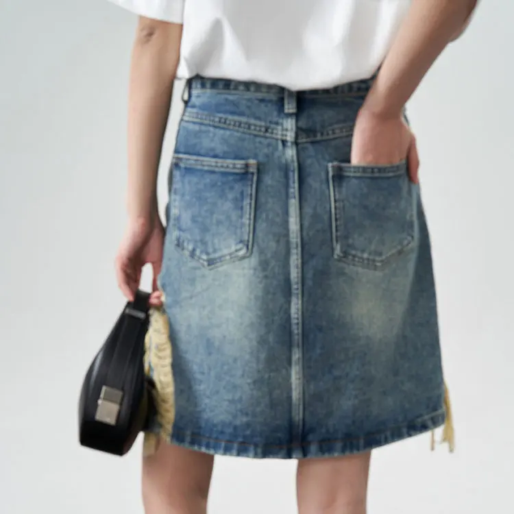 2024 New Label Washed Raw Edge Denim Skirt Custom High waist Jean A-line Skirt Denim Pencil Hole Skirts