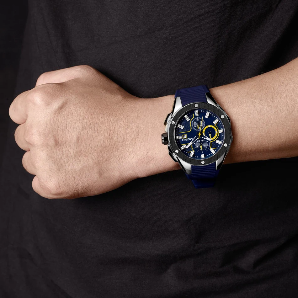 Megir 2053 Fashion Made in China Mens Quartz Watch Excel Rubber Strap Chrono Date Display Waterproof Sports Relogio Musculino