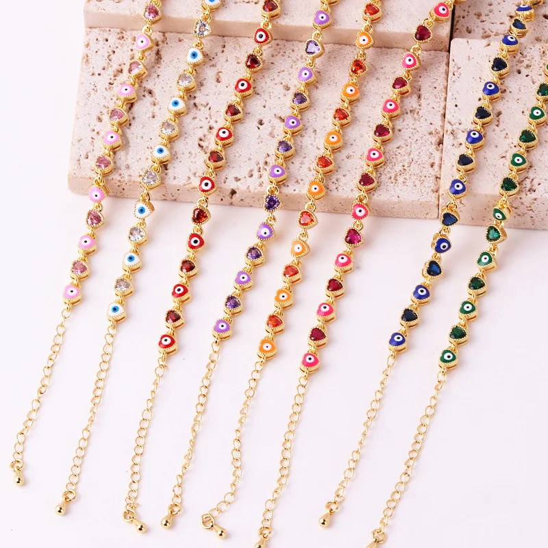 Wholesale colorful cute dripping oil small eyes sweet heart shape zircon enamel beaded chain bracelet for women girl