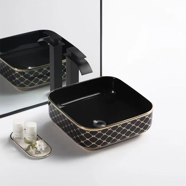 luxury and elegant black color decorated with  gold ceramic wash hand lavatory sink art basin