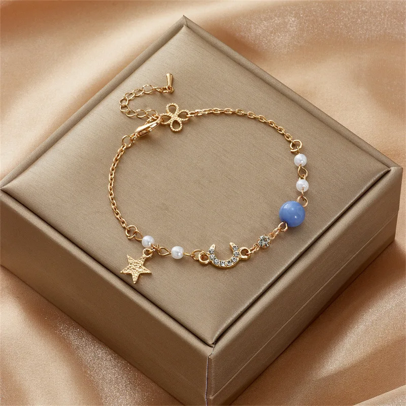 Hot Selling Moon And Star Charm Bracelet Girls Fine Pearl Beads Chain Full Diamond Moon Star Bracelet For Women Jewelry