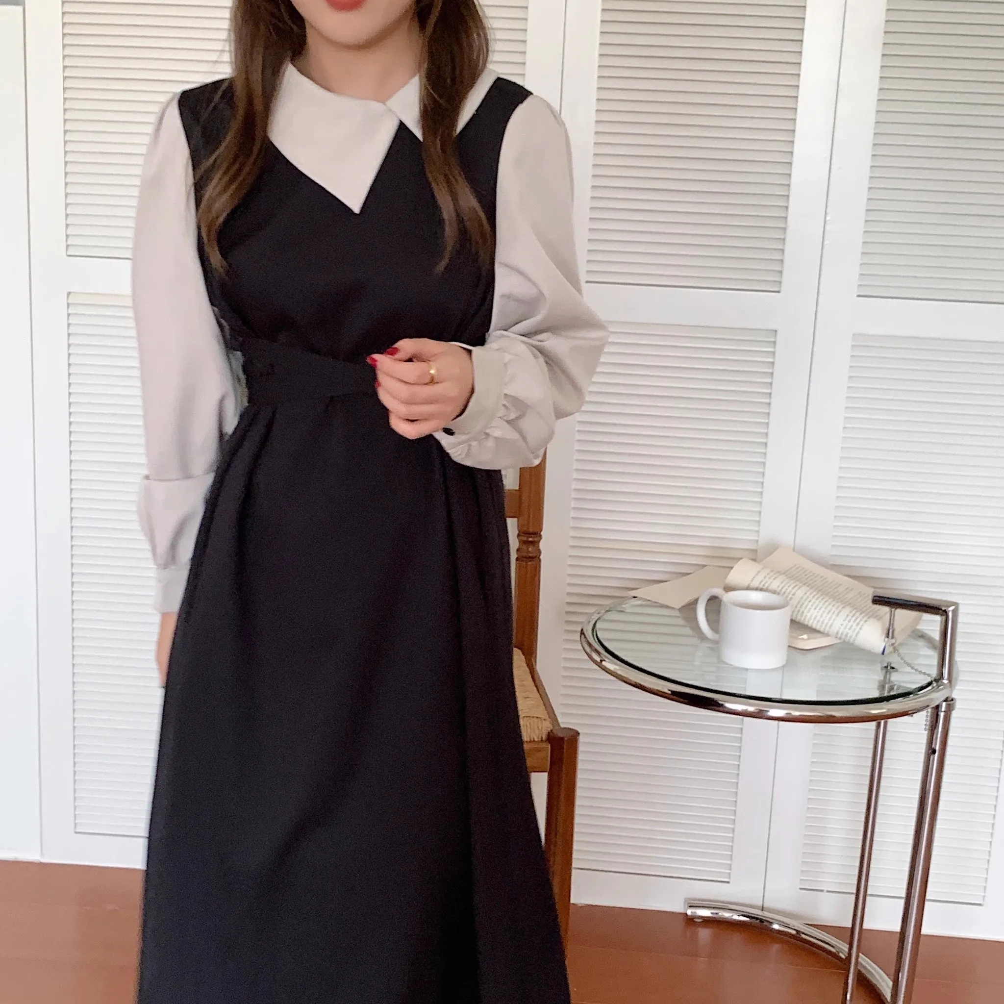 Fashion Designer Black Vintage Dress Women Lapel Long Sleeve Sashes Gathered Waist Spliced Slim Long Dress