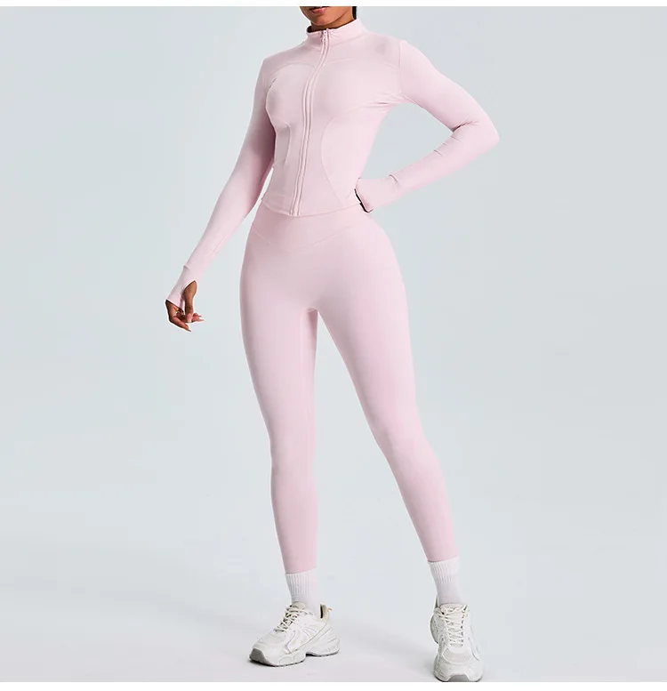 Hot Selling Two Pieces Jacket Legging Set Women Workout Running Activewear High Quality Nude Feeling Athletic Yoga Fitness Sets