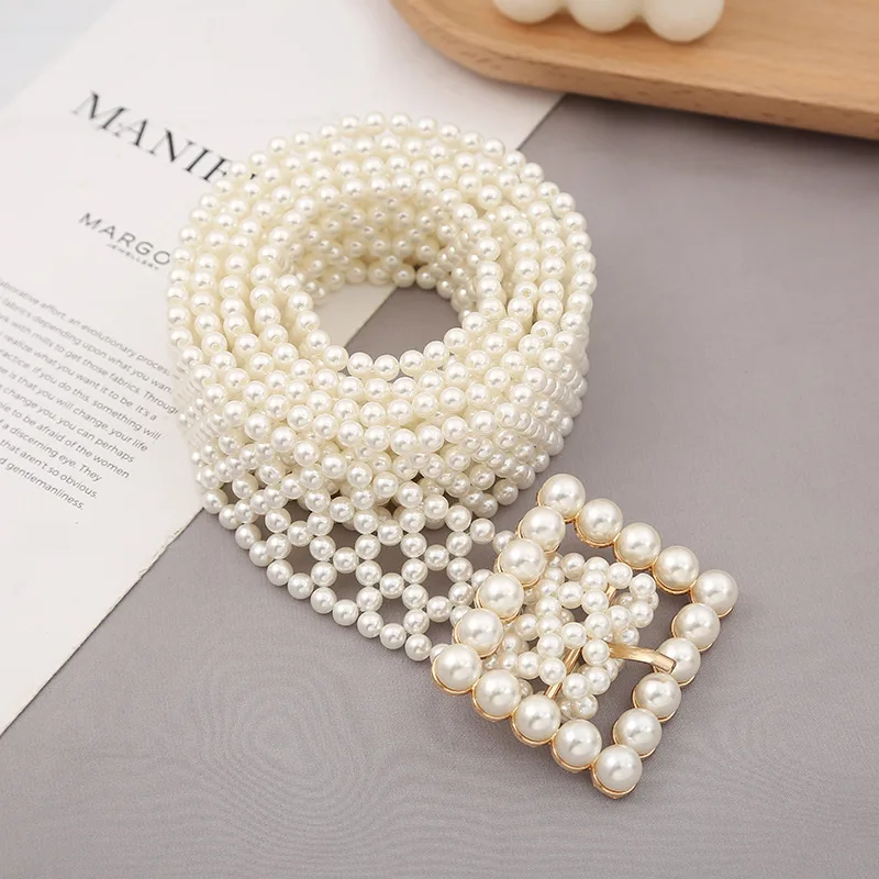 REWIN Fashion Handmade High Quality Lady Pearl Weaved Beaded Chain Waist Belt for Women Dress