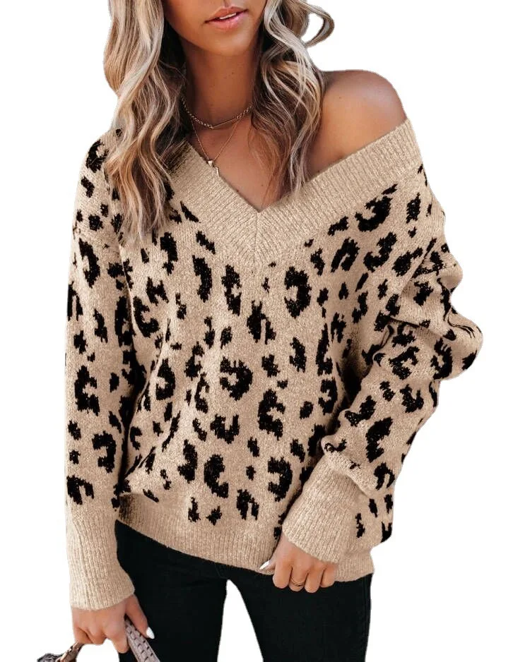 Pullover Fashion Popular Women Winter Casual Sweater V Neck Women Cheetah Print For Ladies Sweater