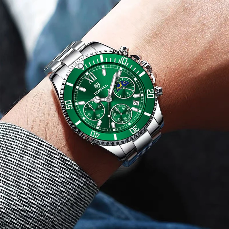 Tophill Classic Vintage Green Water Ghost Dial Multifunctional Movement Stainless Steel Straps Custom Cool Mens Quartz Watches