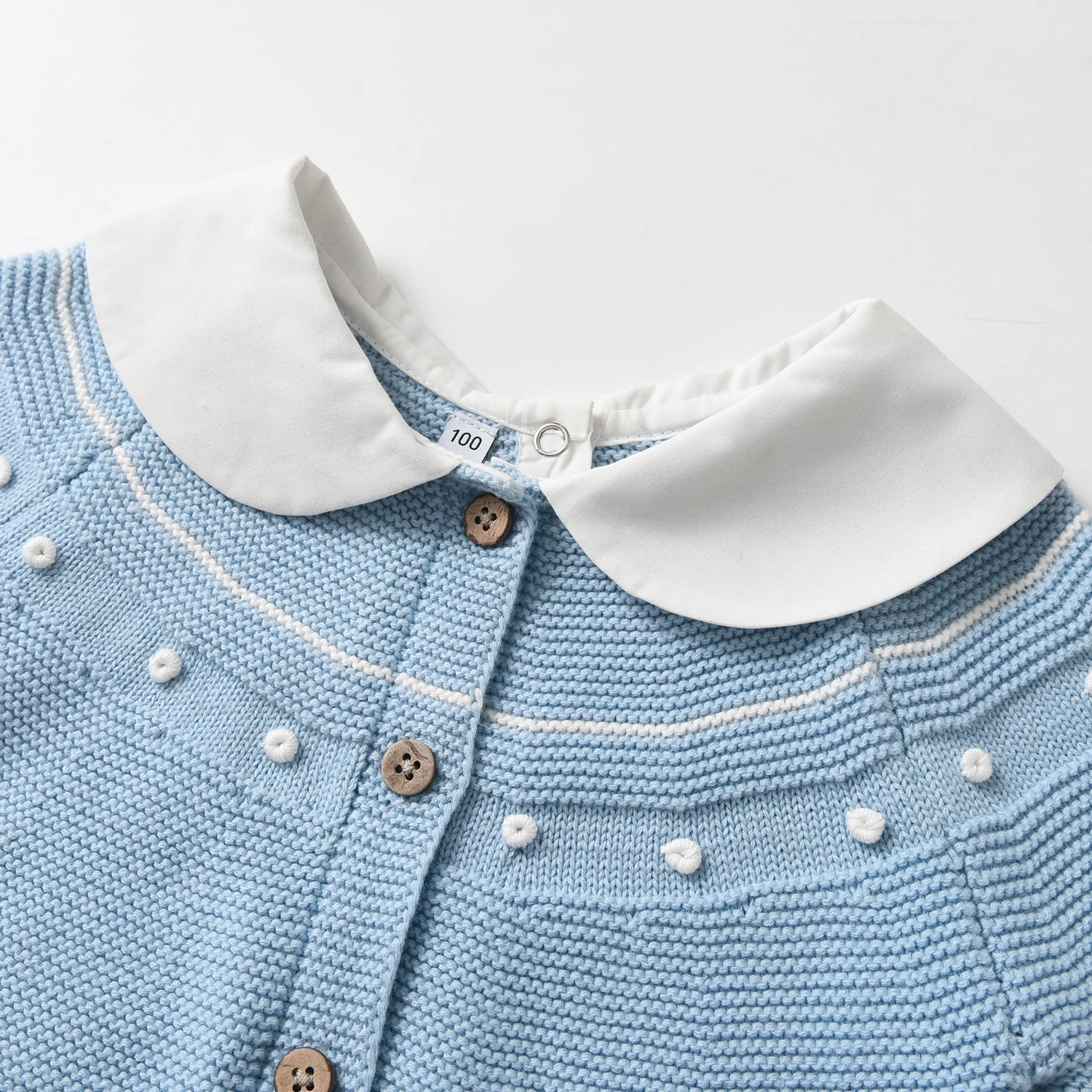 Custom Winter Children Boutique Blue Knitwear Autumn Long Sleeve Peter Pan Collar Baby Cardigan Knitted Kids Sweater