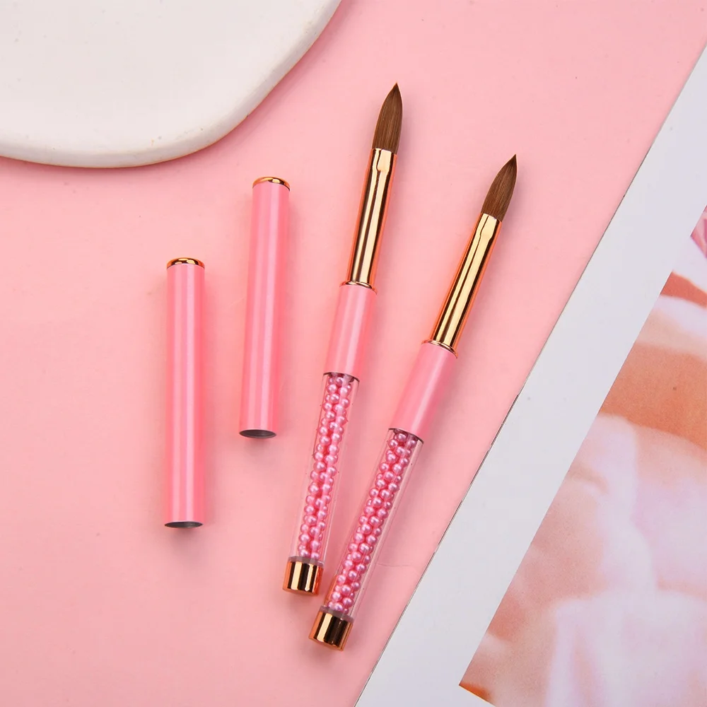 Hot Manicure Tools A+ Grade 100% Kolinsky Germany Acrylic Nail Brush Pink Pearl Metal With Lid Size 2-18 CRIMPED Nail Art Pen