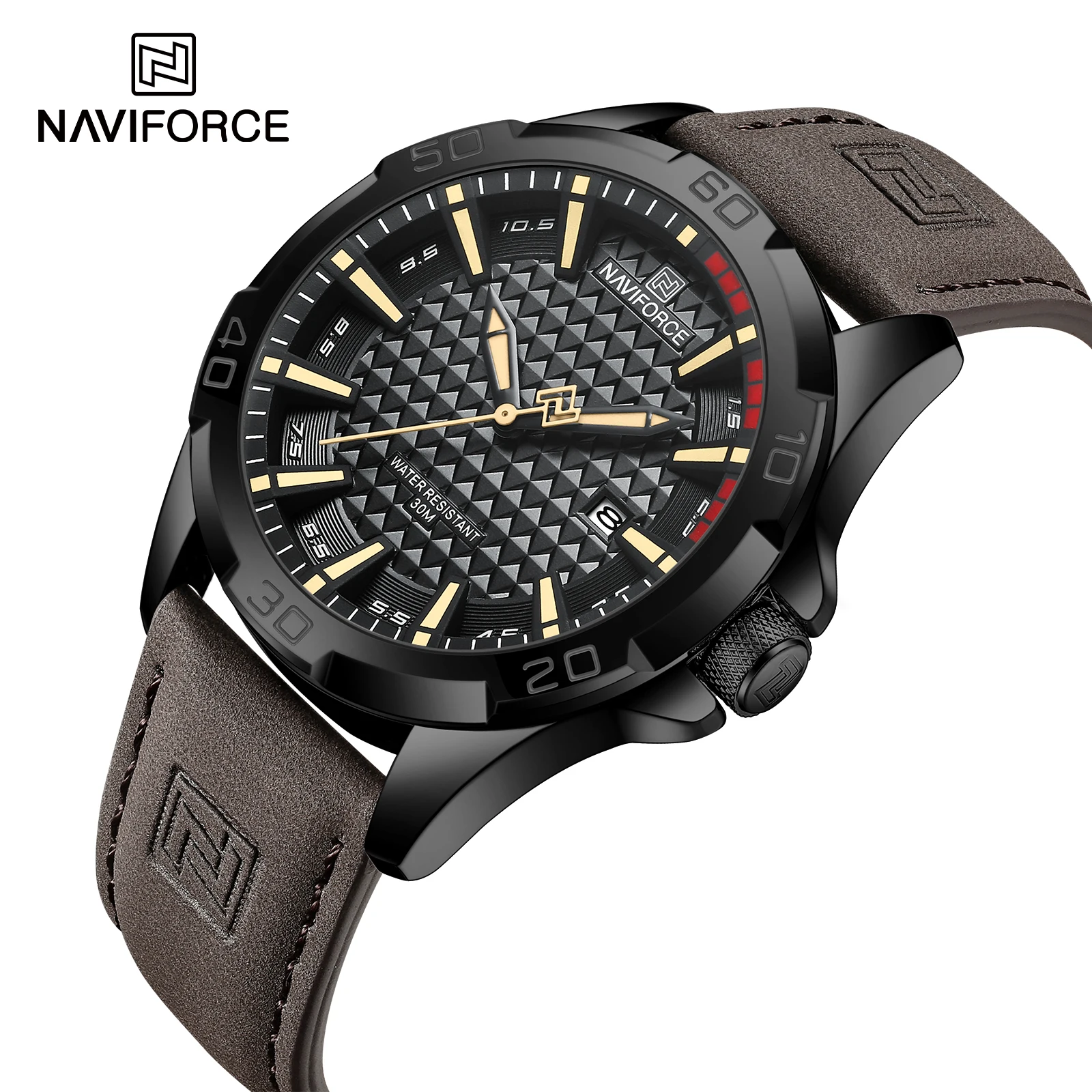 NAVIFORCE Male Wrist Watches  Anti-shock Waterproof Leather Strap Men Watch Fashion Green Clock NF8023 Personality Hip Hop MAN