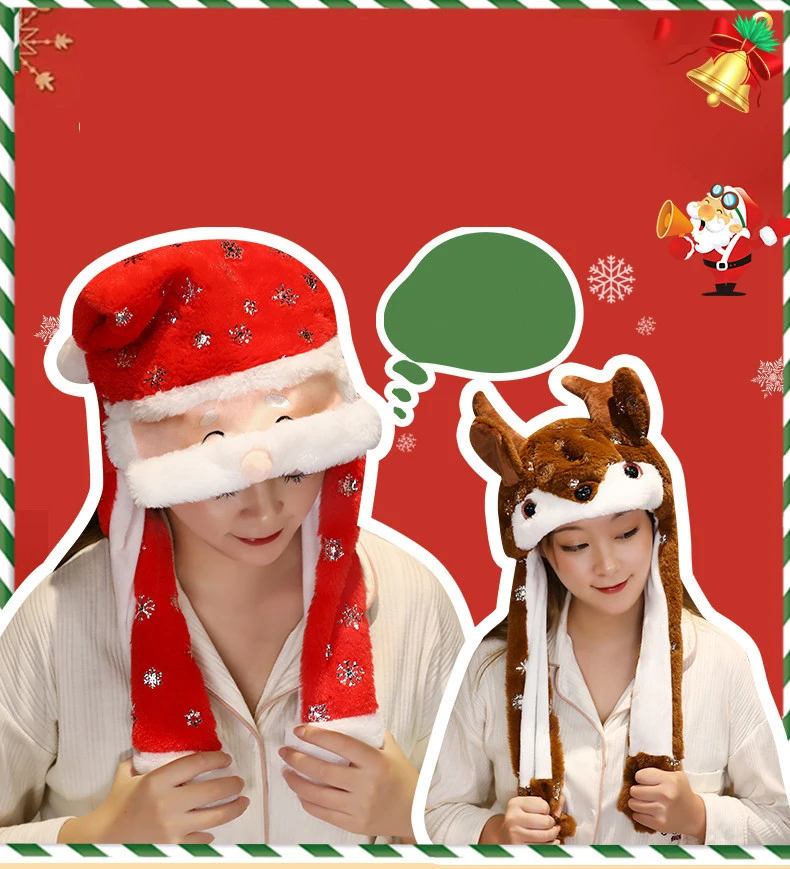 Christmas Bunny Hat With Air Pumping Moving Ears Plush Lovely Soft Cute Snowman Cap Funny Santa Claus Hats Led Light