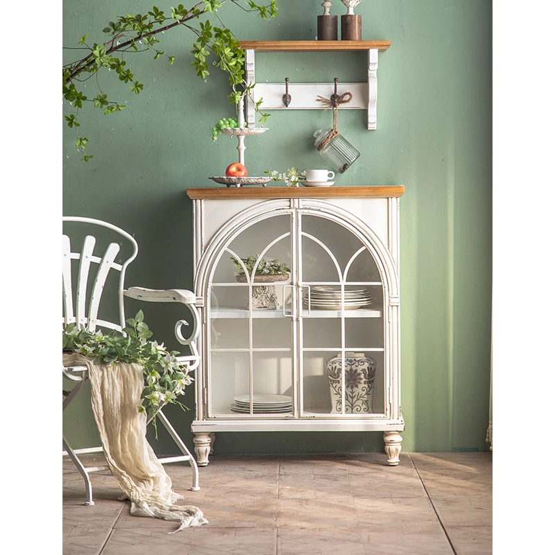 Accent French Furniture Light Simple White Living Room Modern Retro Arched Oak Storage Cabinet With Glass Door