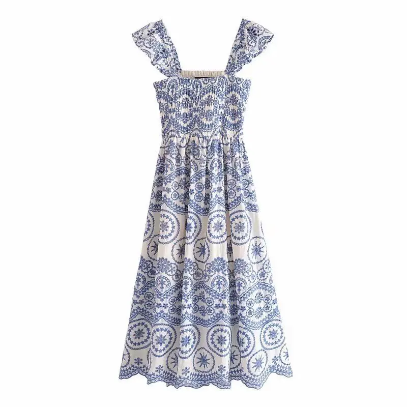Wholesale factory price 2022 high quality cotton material back hollow out embroidery long strap dress