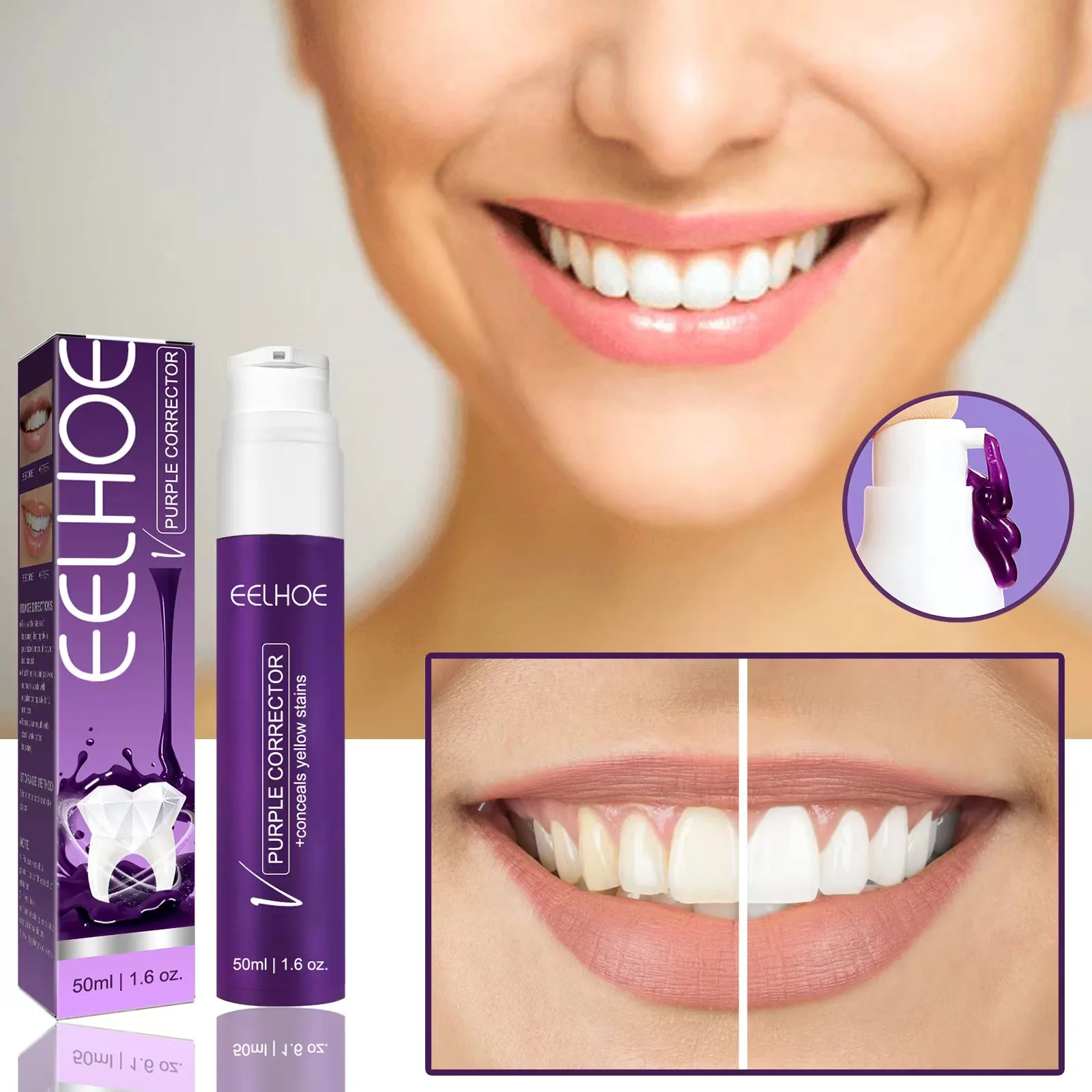 50ml Purple Dental Whitening Toothpaste Refreshing Breath Dental Stain Remover Plaque Removal Toothpaste Care Non-Perpoxide