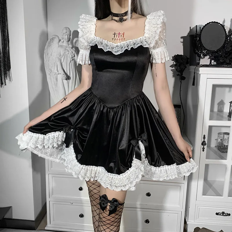 Lolita lace stitching black dress female gothic Harajuku retro summer mini dress puff sleeve beautiful party sexy dress