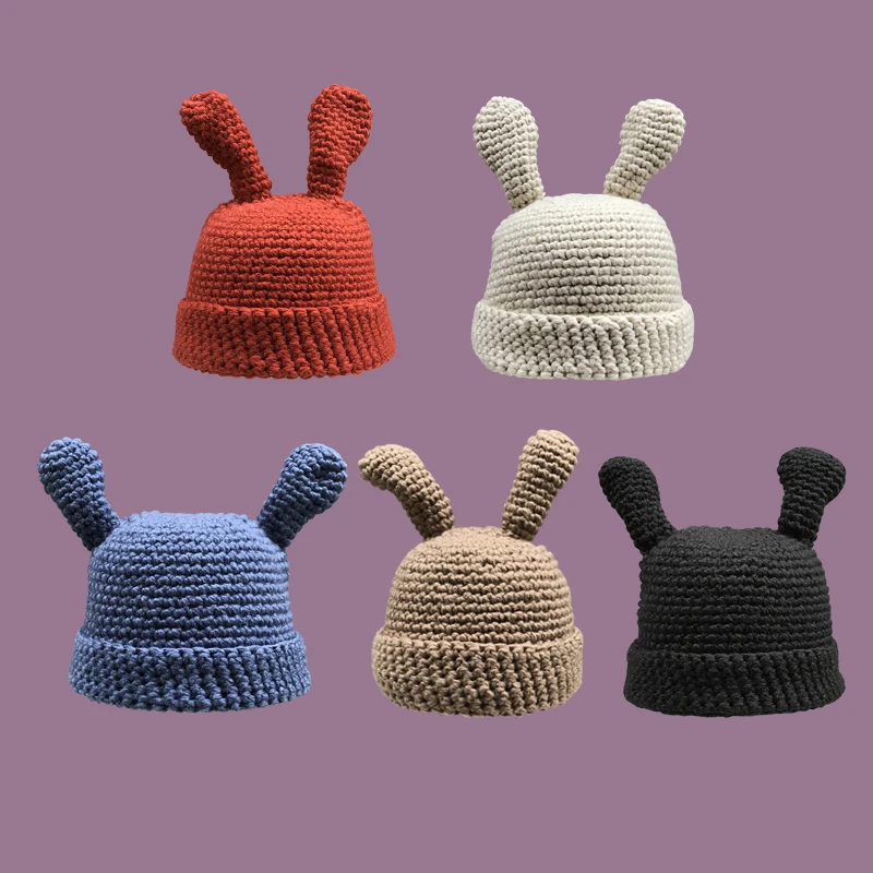 Madeshine Woman Winter Handmade Crochet Bunny Rabbit Ear Cartoon Tentacle Cable Knitted Cuffed Beanie Cap