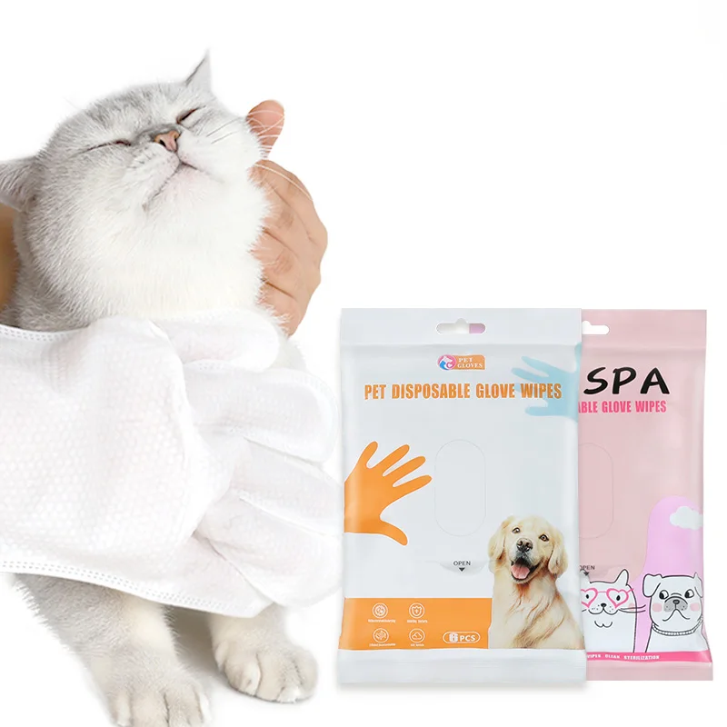 6 PCS Factory Supply Pet Cleaning Glove Wipes for Daily Care and Traveling, Wipes Clean Cat Dog Wet Wipes Gloves
