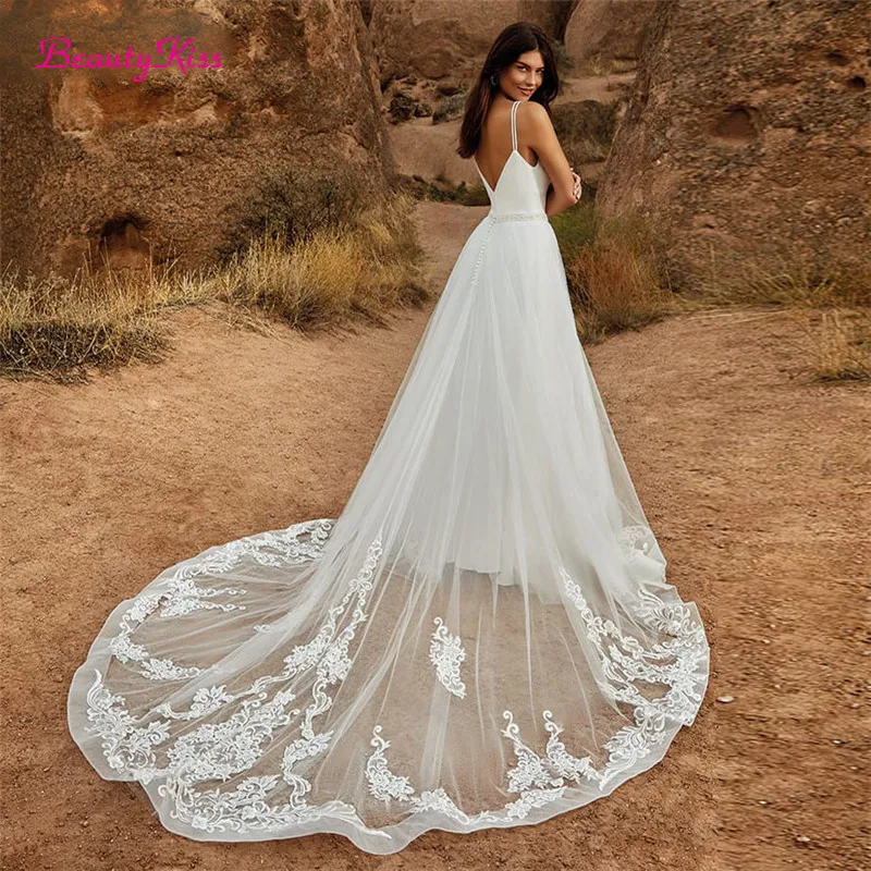 2 In 1 Wedding Jumpsuit With Detachable Skirt Two Pcs Bridal Custom Modest Wedding Dresses Lace Tulle V-Neck Sweep Train Gowns