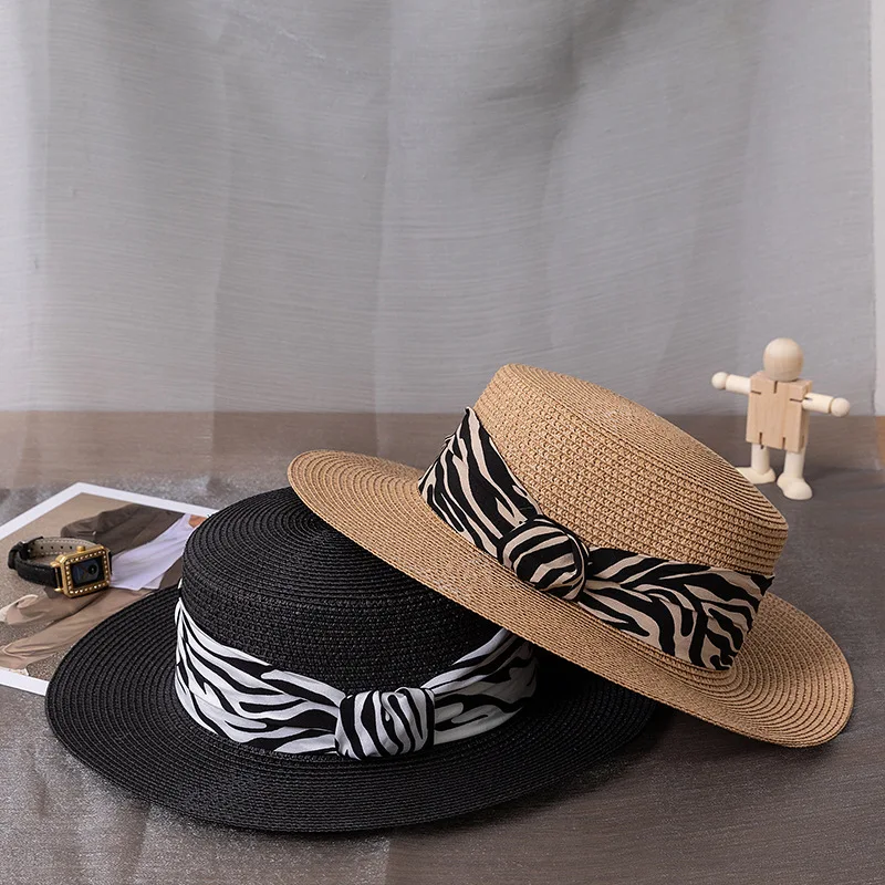 Wholesale Lady Boater Sun Hat Flat Top Straw Beach Hat Round Summer Sun Panama Hat Women