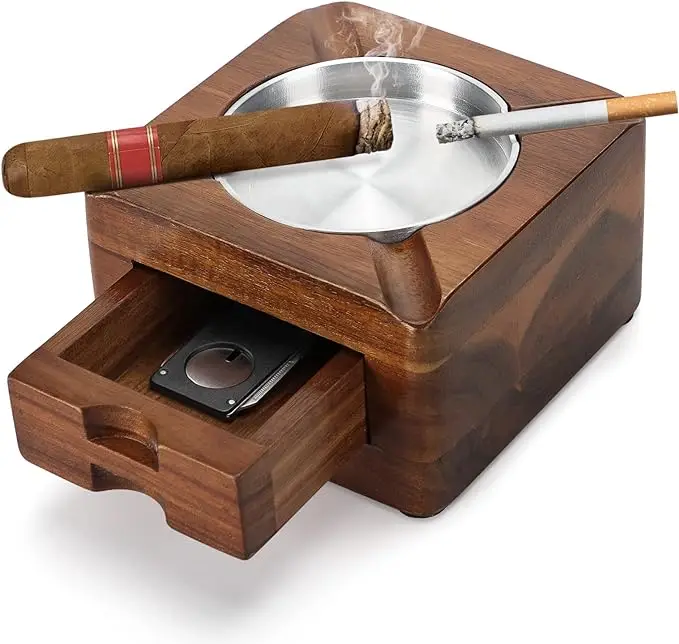 Addreen Square 4 Slots Cigar Holder With Accessories Drawer Wooden Ashtray Personalized Gifts for Men