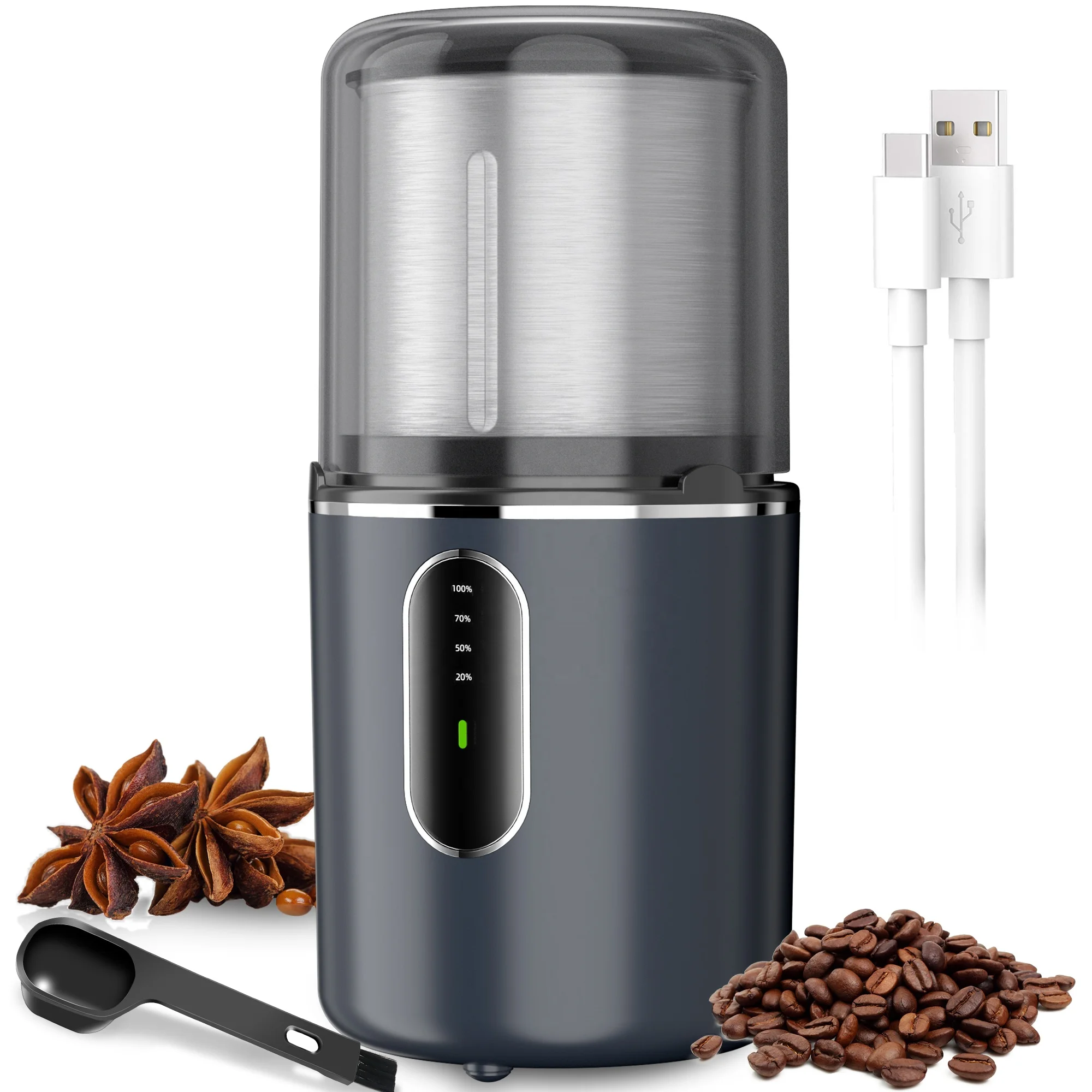 
Chargable Cordless Portable Coffee Grinder with Stainless Steel Blade & Detachable Bowl, 2.5oz/12 Cups 
