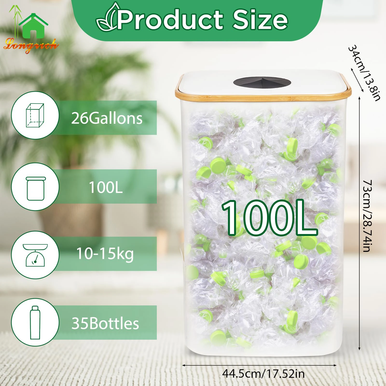100L Deposit Bottle Storage  Bamboo Black Kitchen Recycling Bin Bottle Collection Container with Lid Removeable Inner Bag
