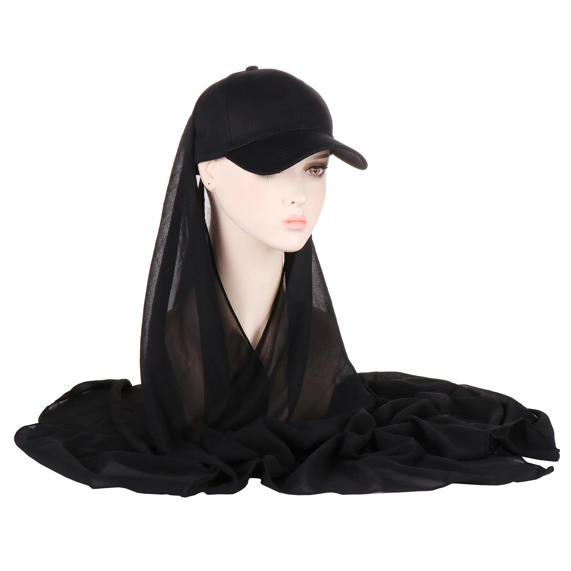New Fashion 2 In 1 Style Chiffon Hijab With Cotton Cap Instant Baseball Hat Scarf Shawl Muslim Tudung Hijab With Cap