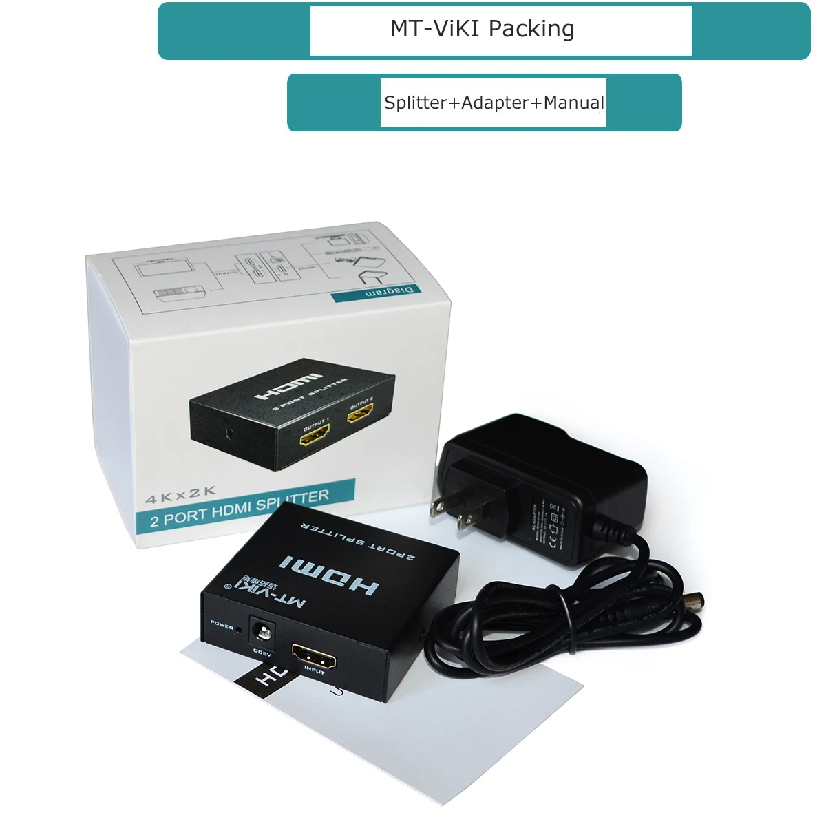 4K 30Hz HDMI splitter 1 in 2 out, MT-VIKI 1x2 1 Computer 2 Monitor + Power adapter 2 Ports HDMI Splitter