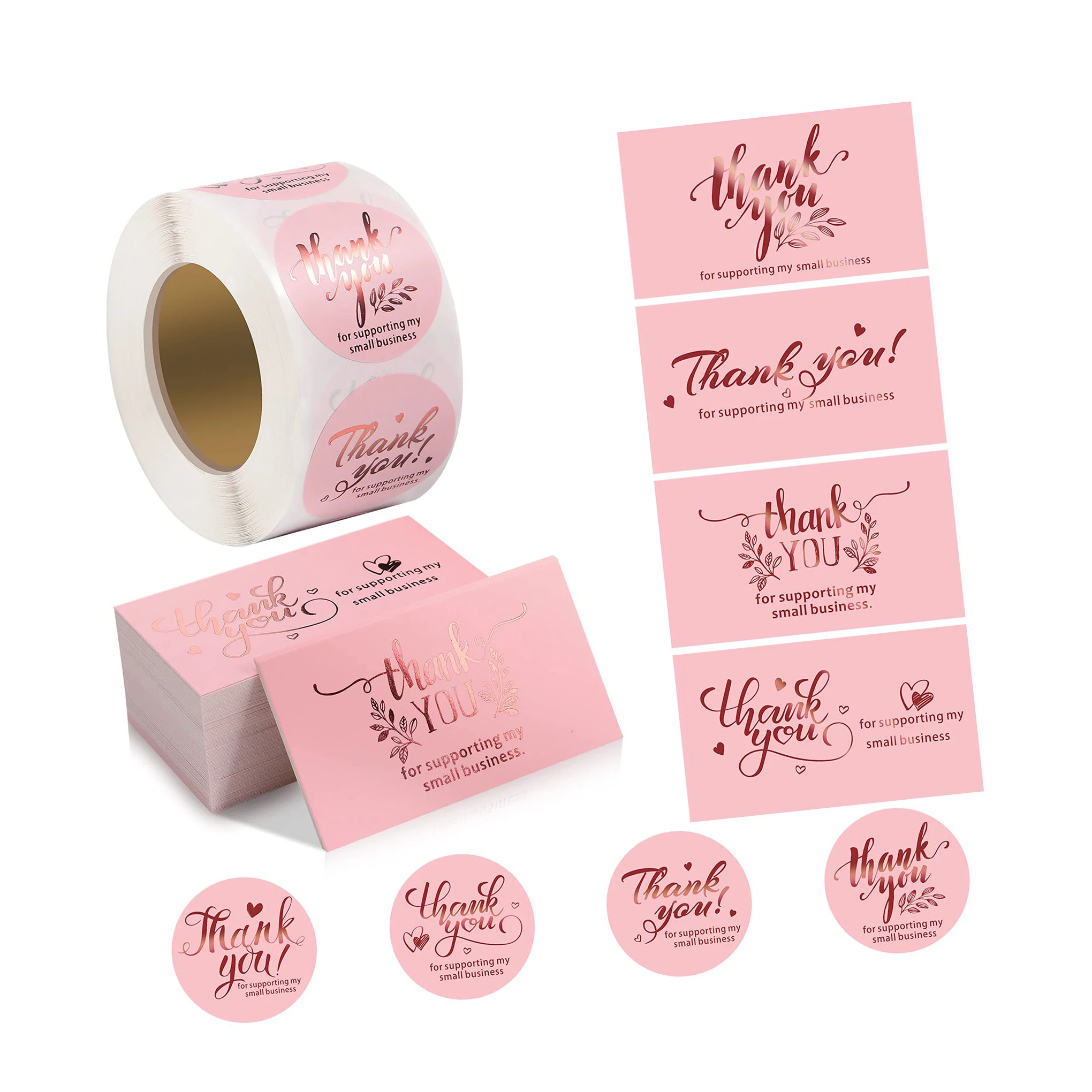 600 Pieces Thank You Cards and Stickers Set Pink Gold Foil Thank You For Supporting My Small Business Cards and Sticker Set for