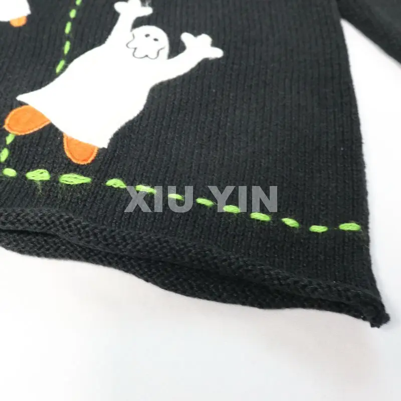 Black  halloween  knit sweater with embroidered ghoust , Pumpkin Winter thick jacquard cardigan with buttons