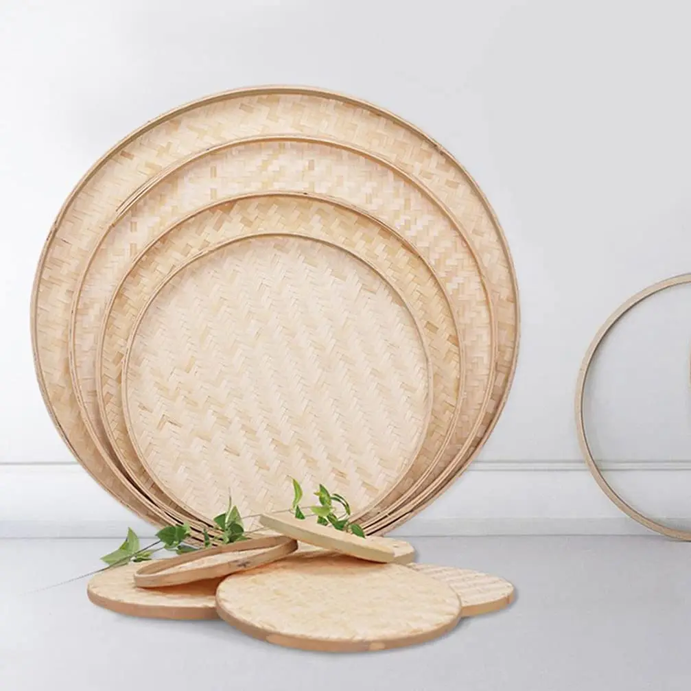 4pcs Woven Bamboo Tray Basket Round Flat Shallow Basket Wall Art Ornament for DIY Drying Food Fruit Basket Kitchen Wall Hanging