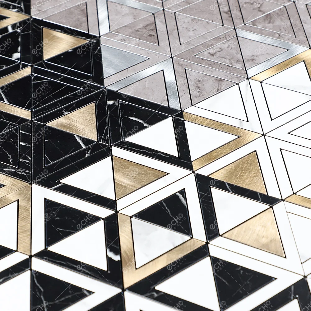 Waterjet Triangle Nero Marquina Black Marble Mixed Gold Aluminum Self Adhesive Mosaic Kitchen Backsplash Wall Tile