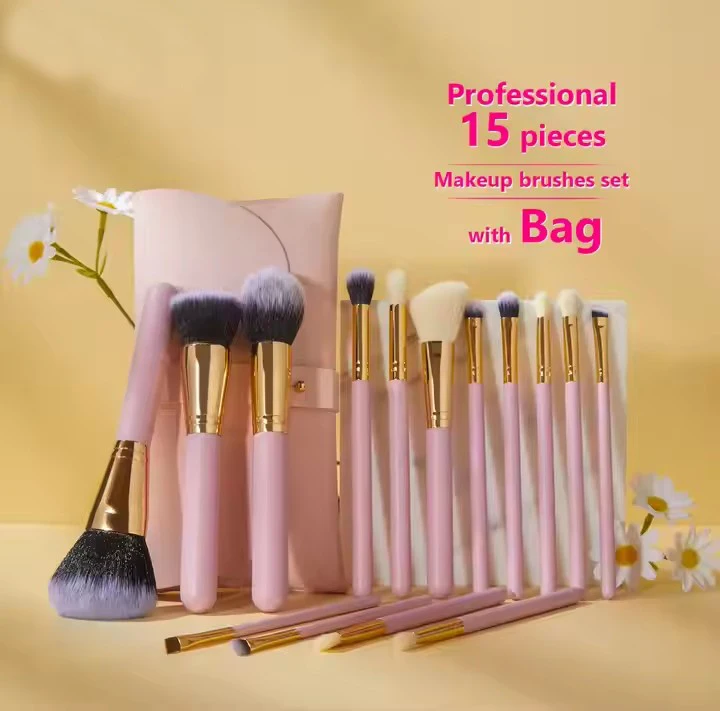 Makeup Brush Set 15pcs Premium Cosmetic Brush Foundation Blush Concealer Eyeshadow Eyebrow Highlight Pink Make Up Brush