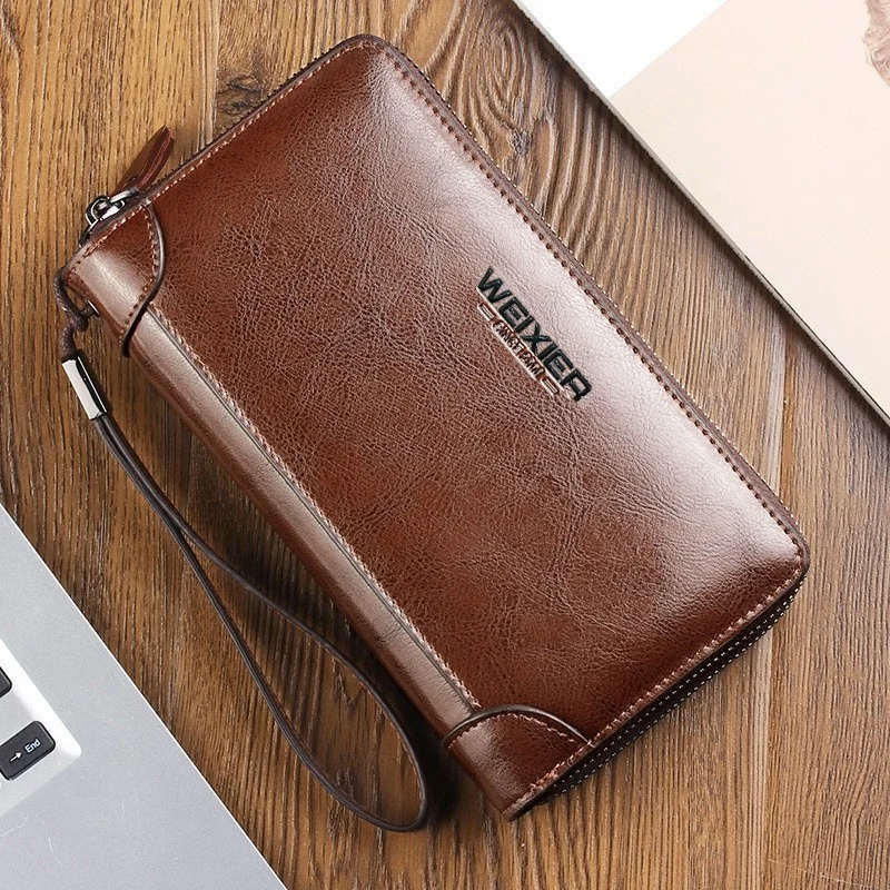 Multifunctional luxury soft PU leather double zipper new brands wrist travel clutch long phone wallet men