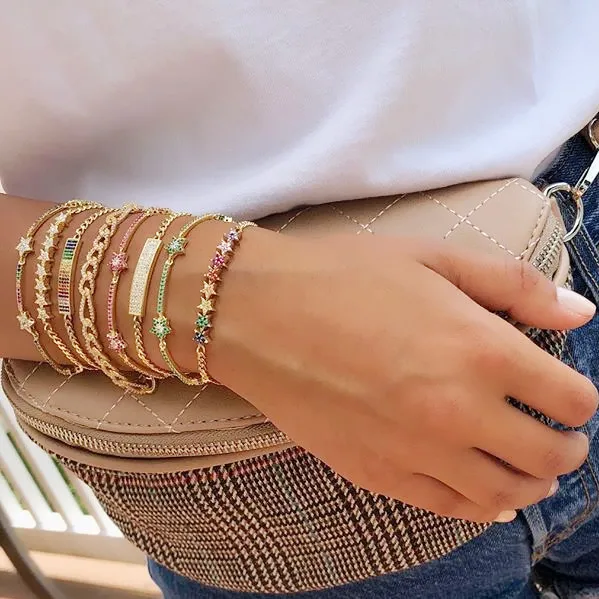 Fashion Gold Plated Rope Thick Chain Set rainbow Cz Paved Flower Charm Bracelet with Multi for Wedding
