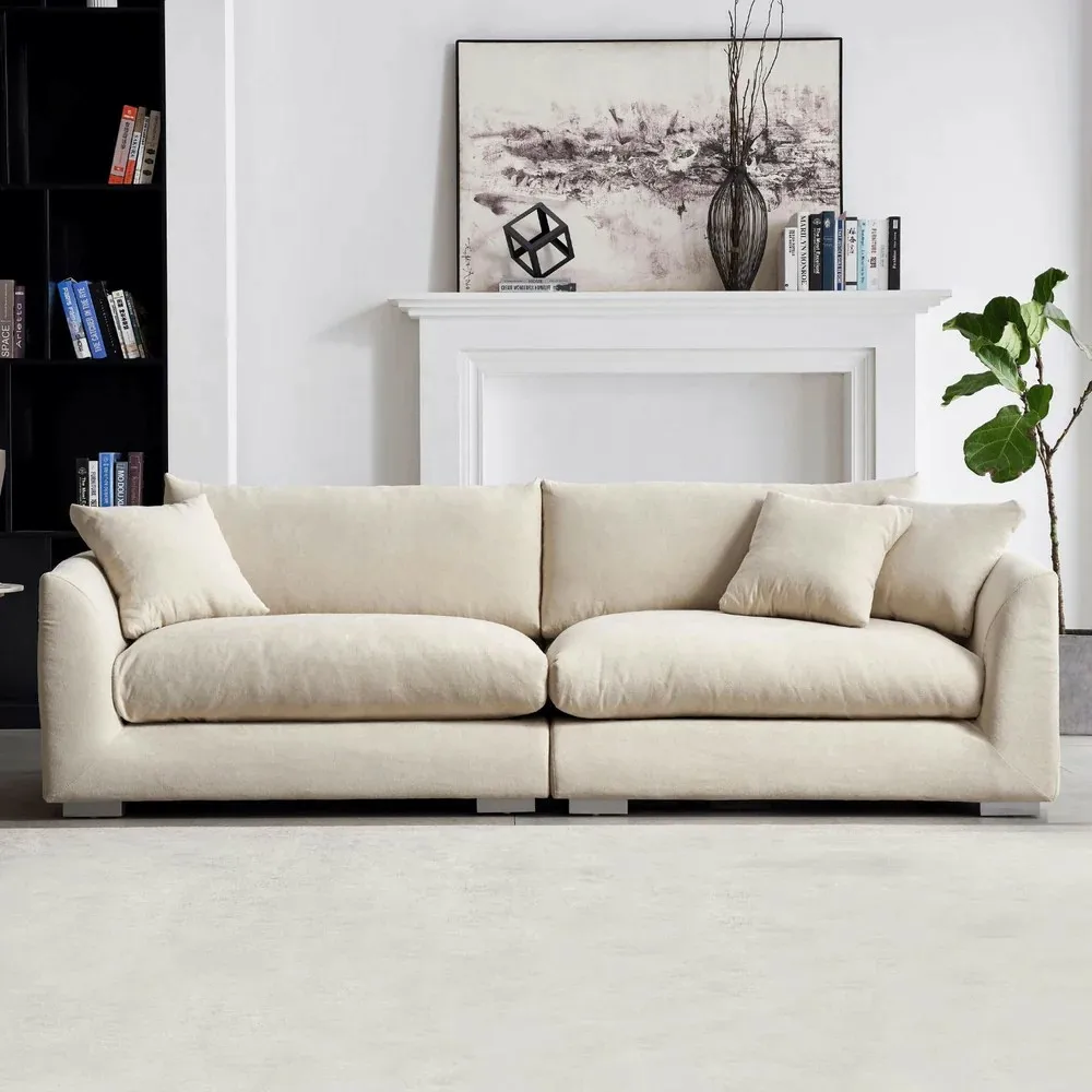 Comfortable Modern White Velvet Linen Fabric Feather Modular Sectional Sofa Set for Living Room