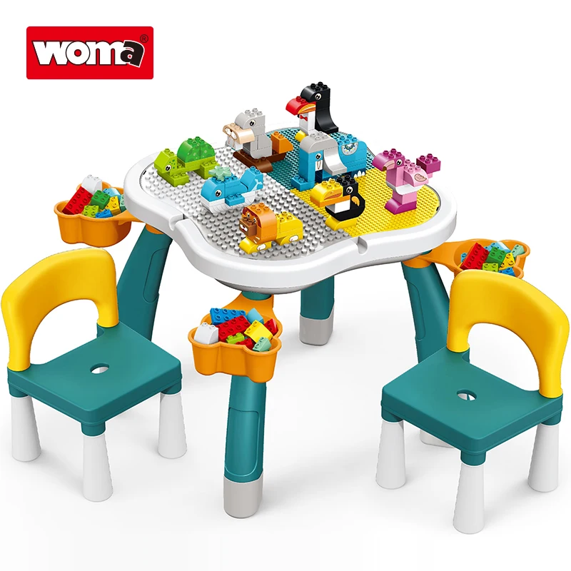 WOMA TOYS Kids Learn Write Play Sand Construction Big Brick Multifunction Building Block Table Storage Box Chair For Preschool