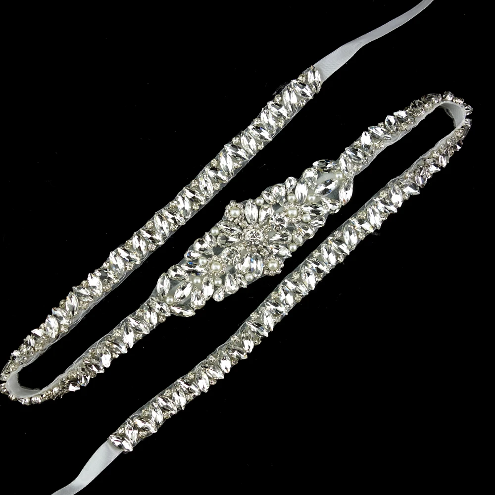 extra long stunning silver  rhinestone and pearl trim crystal bridal wedding belt