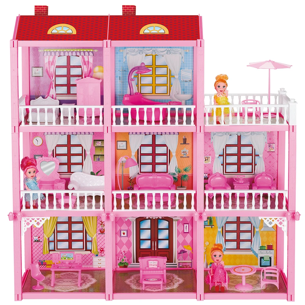 New Arrivals Girls Toy 3-Story 8 Rooms Mini Doll House Playhouse with 3 Doll Figures Slides Stairs Furniture Accessories