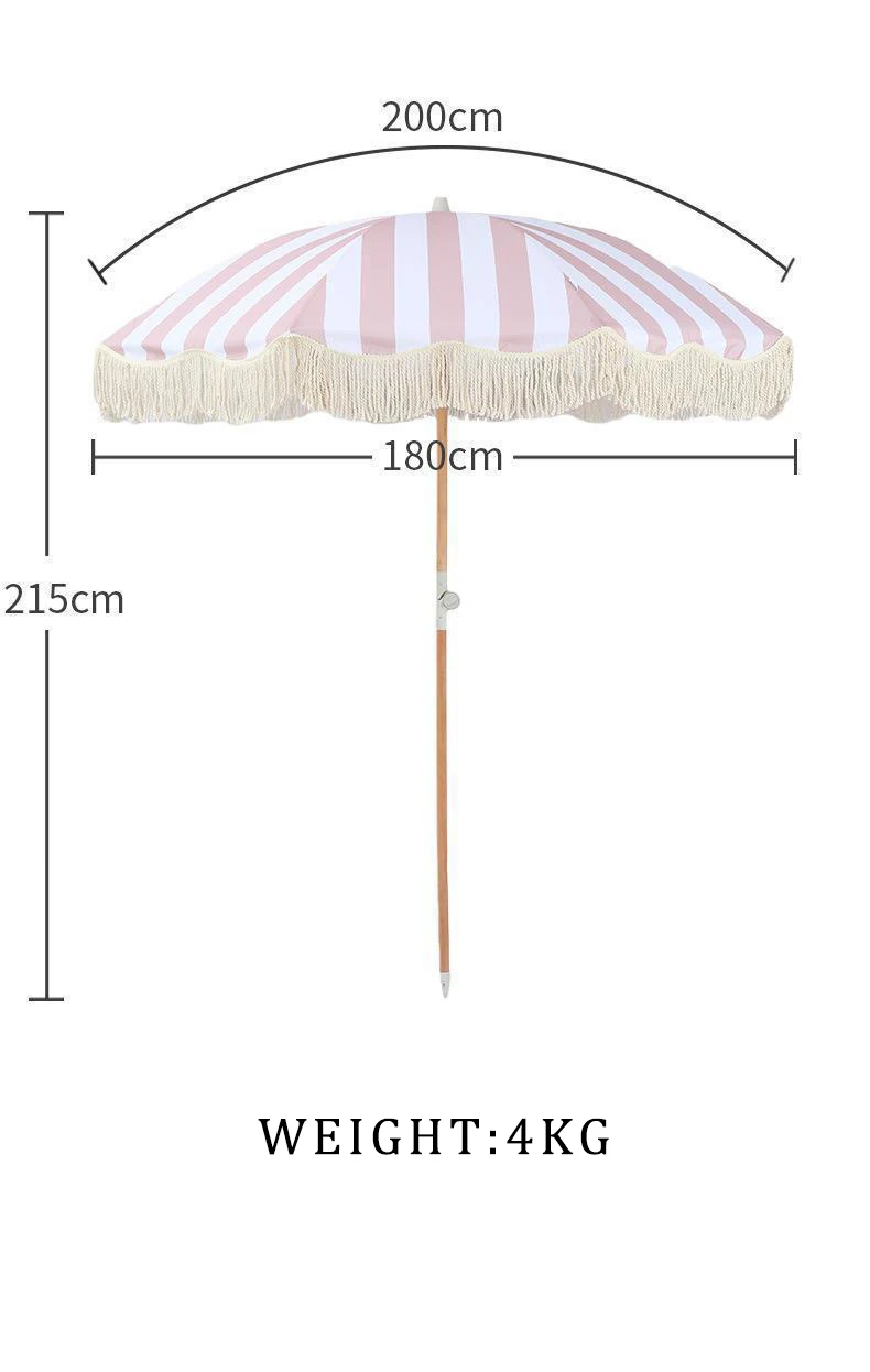 Portable Luxury 8ft Boho White Parasol Custom Vintage Windproof Wooden Shaft Beach Umbrella Fringe Tassels Travel Manual Control