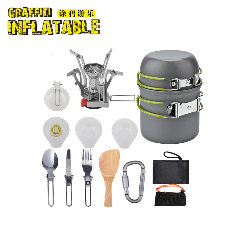Portable picnic barbecue outdoor picnic pot cooker set pot bowl spoon and gas stove Camping Hiking cooker