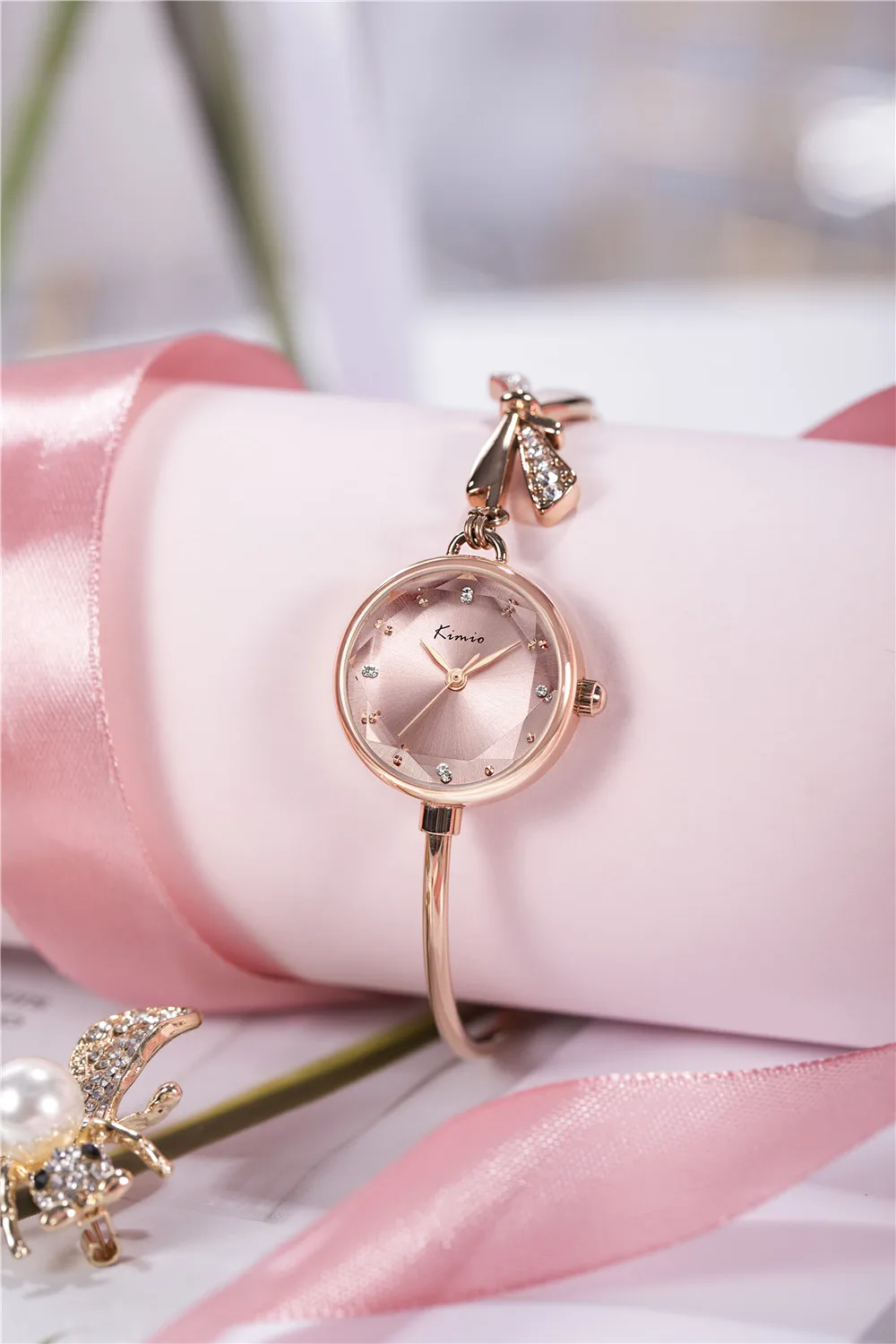 KIMIO K6435S Fashion Luxury Bowknot Band Diamond Lens Quartz Watch Women