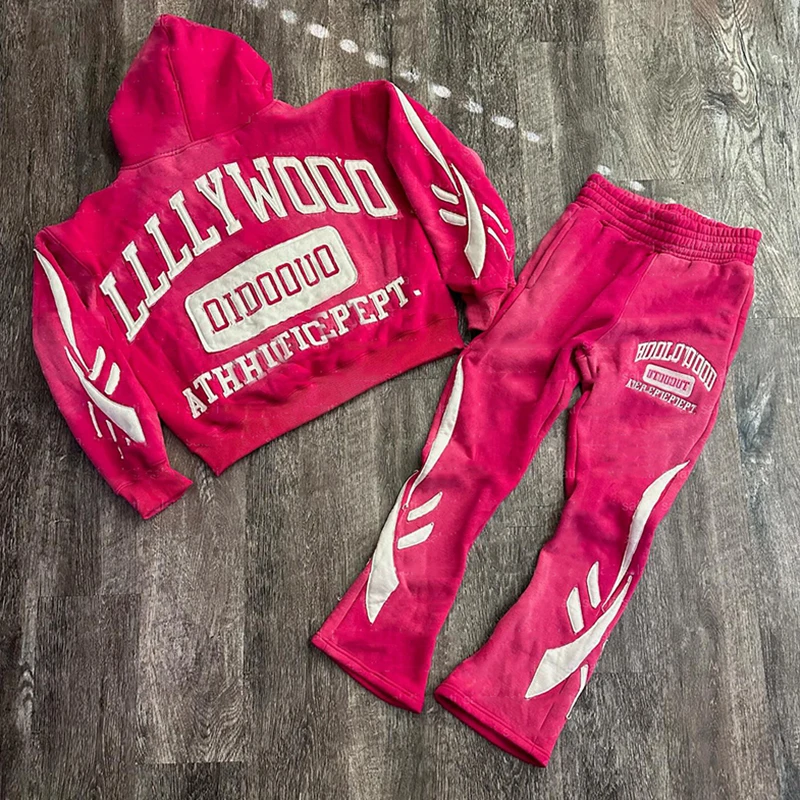 Custom Manufacturer Sun Faded Hoodies And Sweatpants Baggy French Terry Flared Sweatsuit Men Cotton Zip Up Tracksuit Set