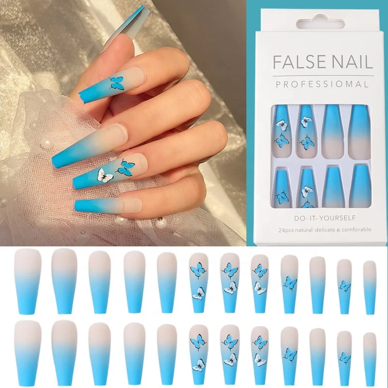 Paso Sico 24pcs/Set Gradient Blue Butterfly Matte Finished Long Ballet Design False Press on Nails for Wholesale Nail Tips Wholesale