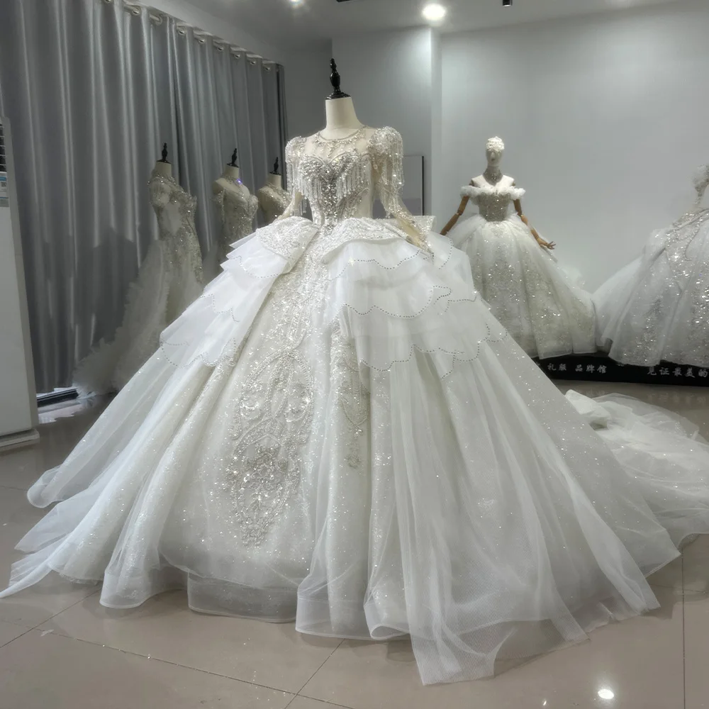 Female Princess Wedding Dress Long-Sleeved Bridal Ball Gown With Open Back Straps Custom Xs090