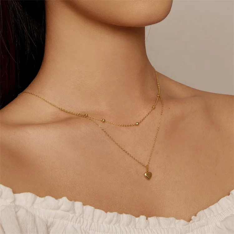 unique korean double chain high quality necklace small 14k gold silver 925 heart pendant fashion jewelry necklaces for women