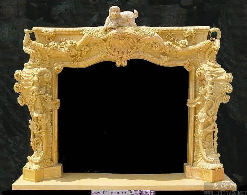 Hand carved freestanding outdoor travertine stone gas fireplaces mantel