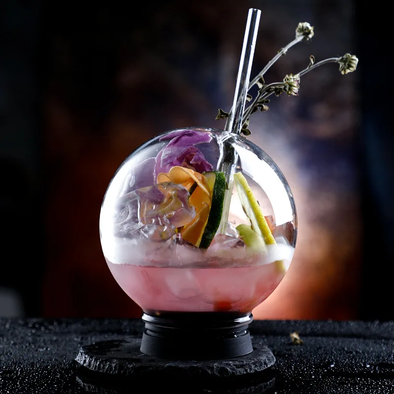 Hot Selling Creative Custom Logo Restaurant Bar Straw Martini Glass Sphere Cocktail Glass Cocktail Glasses with Straw