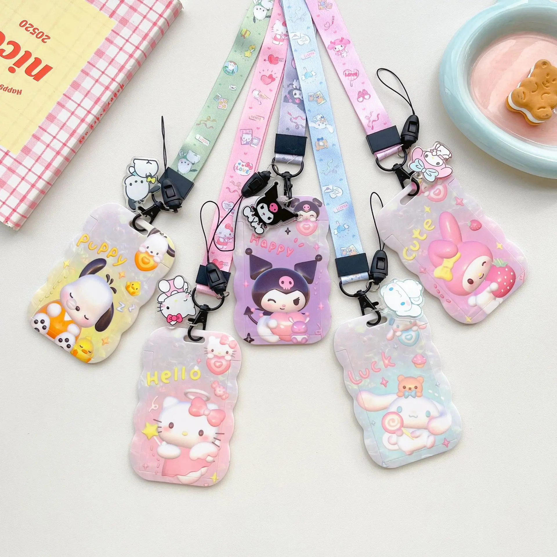 Marble patterned SANRIO long rope hanging neck chest card, student campus card holder, bus and subway Octopus card holder