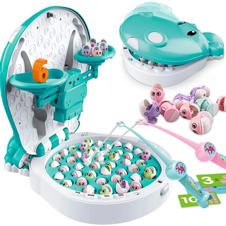 Educational Toys 45 Pcs Little Fish 4 In 1 Balance Magnet Sleek Appearance Hippo Fishing Platform Rotating Fishing Play Game